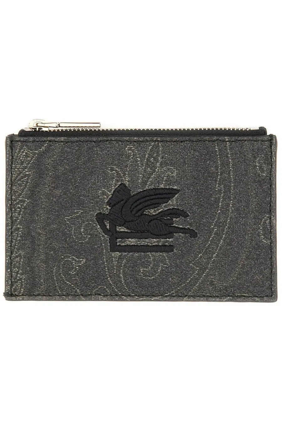 Etro men’s card holder Arnica black with black embroidered pegasus logo on textured dark gray fabric zippered pouch