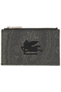 Etro men’s card holder Arnica black with black embroidered pegasus logo on textured dark gray fabric zippered pouch
