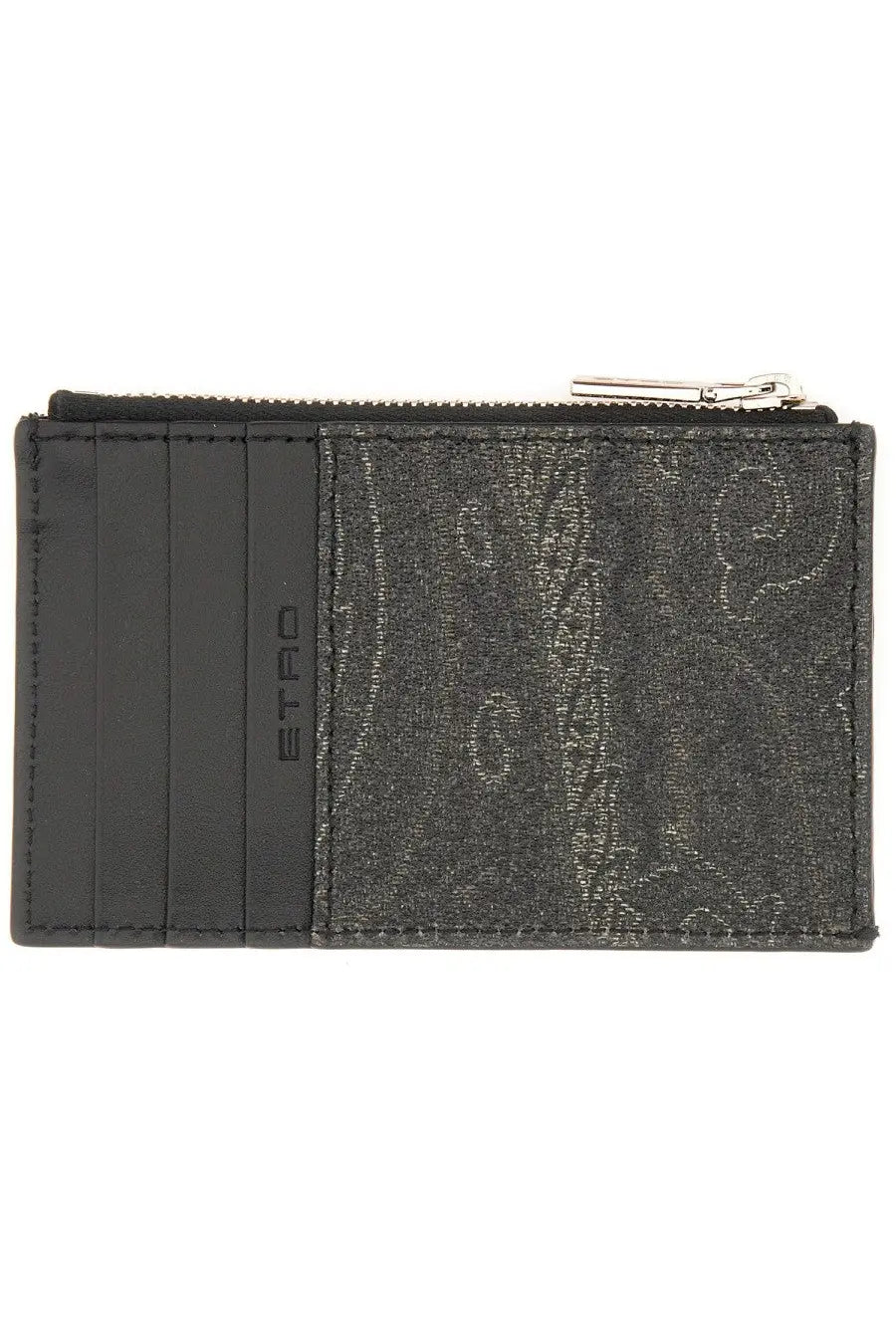 Etro men’s card holder Arnica black with textured metallic panel and silver zipper for stylish organization