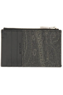 Etro men’s card holder Arnica black with textured metallic panel and silver zipper for stylish organization