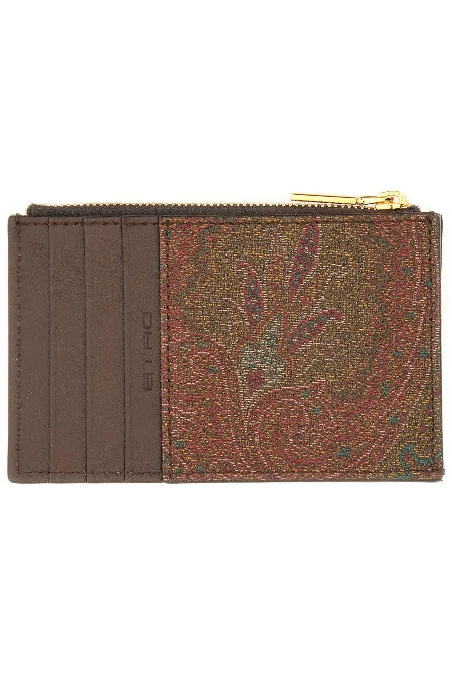 Etro men’s card holder arnica brown with brown and red pattern and gold zipper for stylish organization