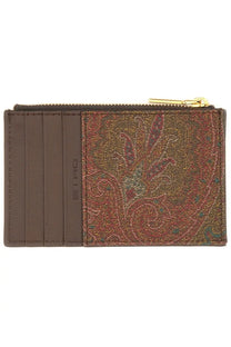 Etro men’s card holder arnica brown with brown and red pattern and gold zipper for stylish organization