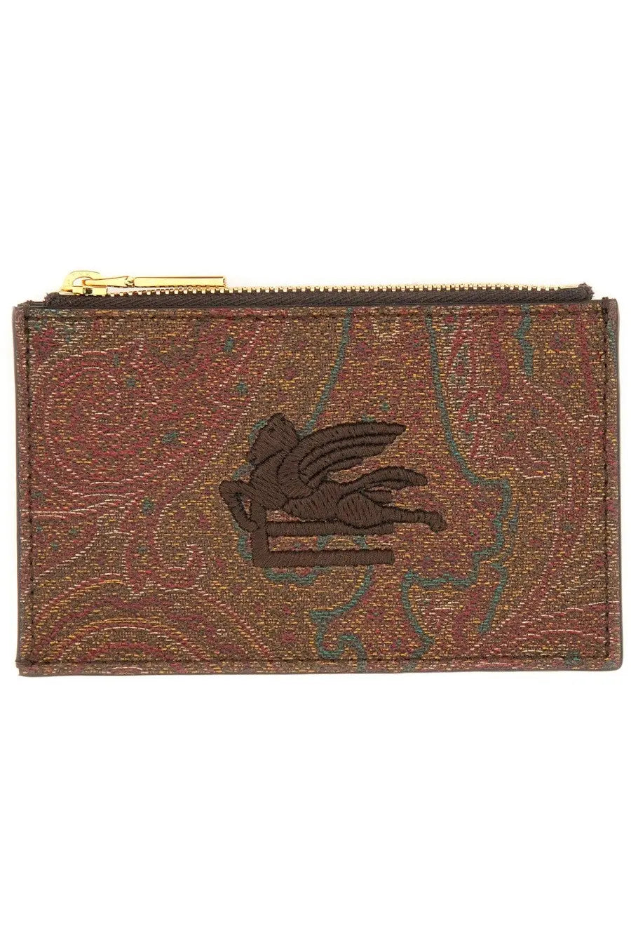 Etro men’s card holder Arnica brown with brown textured leather, gold zipper, and embroidered dark brown bird logo