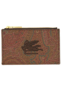 Etro men’s card holder Arnica brown with brown textured leather, gold zipper, and embroidered dark brown bird logo
