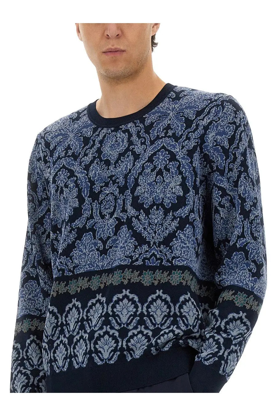 Etro men’s dark blue cotton jacquard knit sweater with light blue and gray floral damask pattern and ribbed crew neck