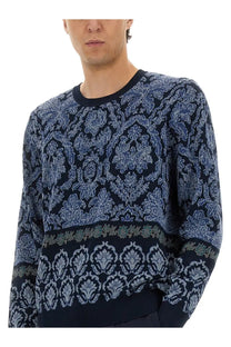 Etro men’s dark blue cotton jacquard knit sweater with light blue and gray floral damask pattern and ribbed crew neck