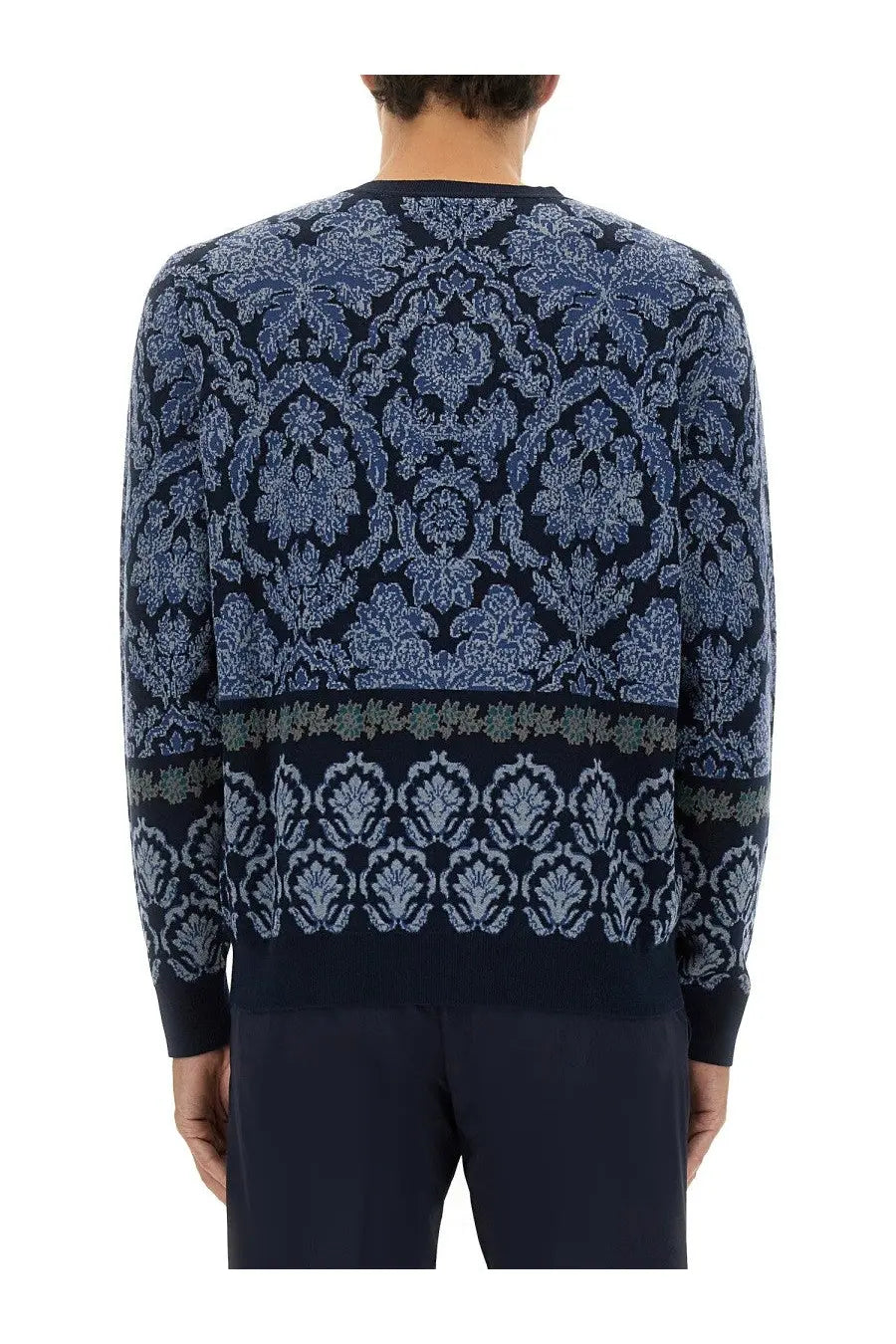 Navy blue ETRO men’s cotton jacquard knit sweater showing light blue and gray floral damask pattern on the back