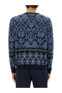 Navy blue ETRO men’s cotton jacquard knit sweater showing light blue and gray floral damask pattern on the back