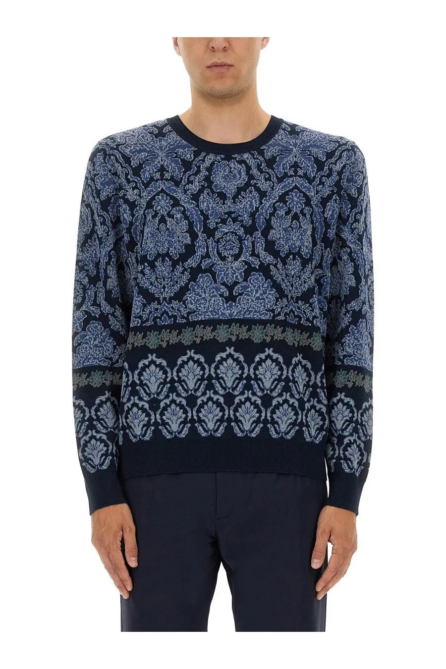 Etro men’s cotton jacquard knit navy blue sweater with intricate light blue and gray damask pattern and solid waist band