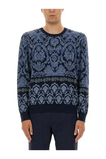 Etro men’s cotton jacquard knit navy blue sweater with intricate light blue and gray damask pattern and solid waist band