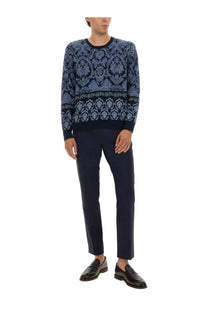 Etro men’s cotton jacquard knit navy blue sweater with intricate light blue and gray damask pattern ribbed crew neck and cuffs