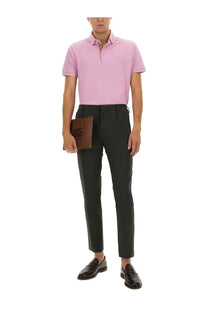 Etro men’s cotton polo shirt in sleek minimalist pink with subtle textured weave and small embroidered logo on chest