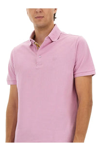 Etro men’s cotton polo shirt in soft pink with subtle textured weave and small embroidered chest logo