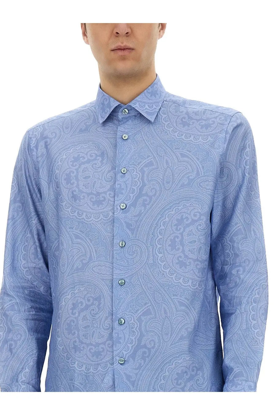 Etro men’s cotton shirt blue with light blue long-sleeved button-down design and subtle paisley pattern with matching buttons