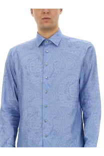 Etro men’s cotton shirt blue with light blue long-sleeved button-down design and subtle paisley pattern with matching buttons