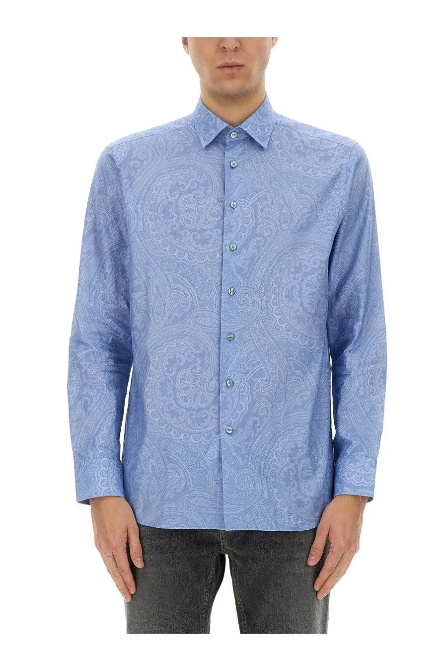 Etro men’s cotton light blue long-sleeved button-down shirt with subtle paisley pattern