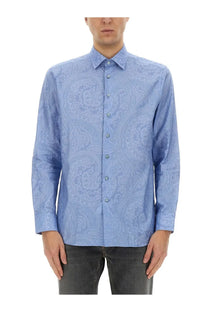 Etro men’s cotton light blue long-sleeved button-down shirt with subtle paisley pattern
