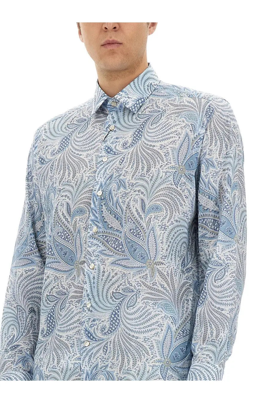 Etro men’s cotton shirt blue with light blue and white paisley pattern and intricate detailing on button-down front