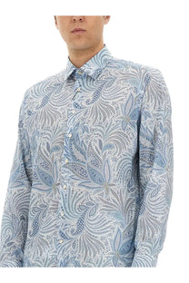 Etro men’s cotton shirt blue with light blue and white paisley pattern and intricate detailing on button-down front
