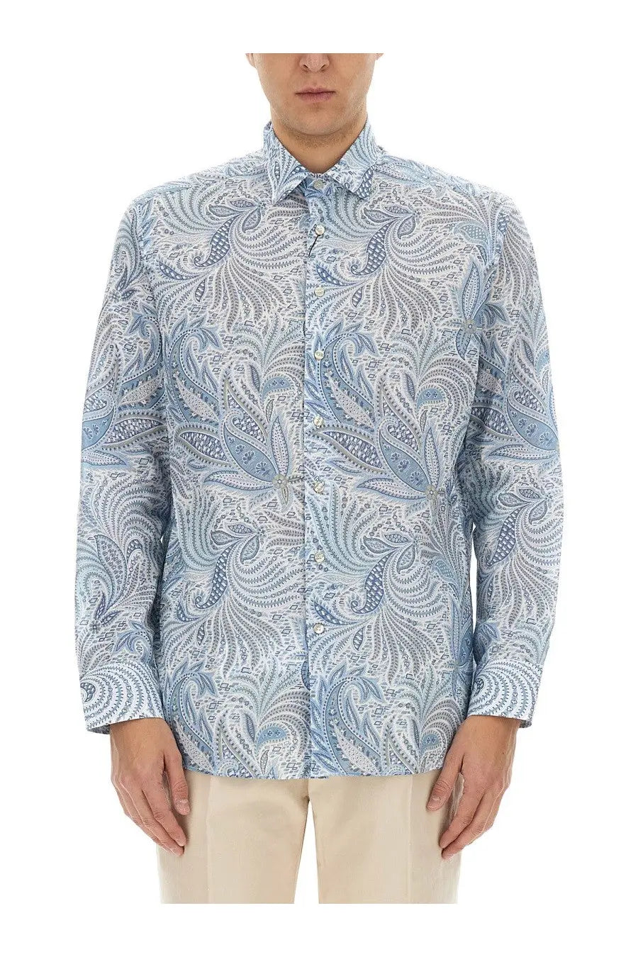 Etro men’s cotton shirt in blue with a light blue and white paisley pattern and long sleeves