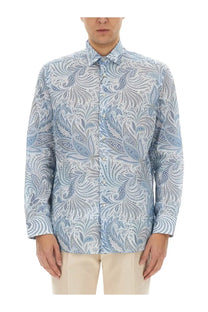 Etro men’s cotton shirt in blue with a light blue and white paisley pattern and long sleeves