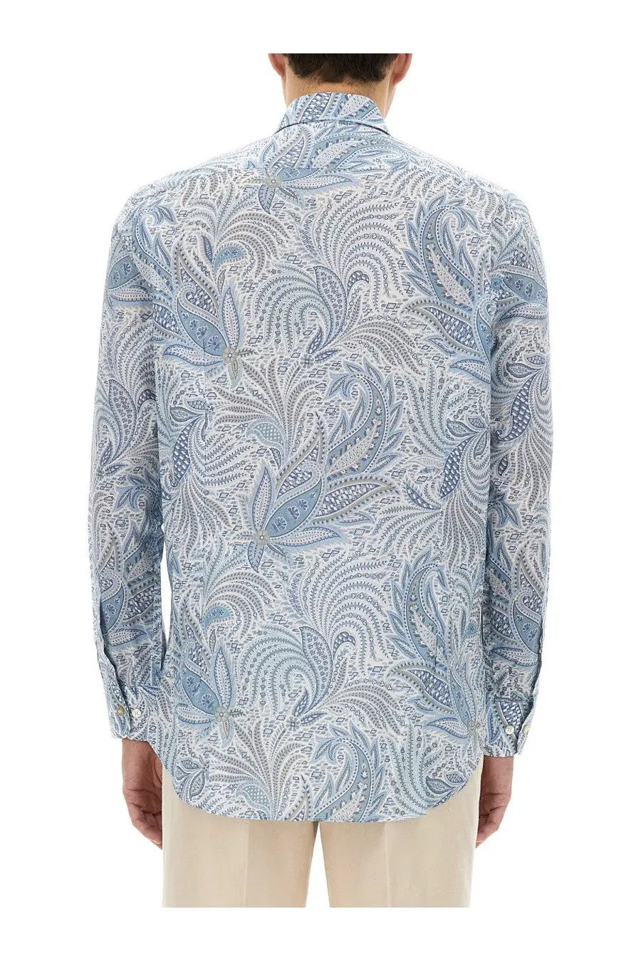 Etro men’s cotton shirt blue with light blue and white paisley pattern and classic collar for formal wear