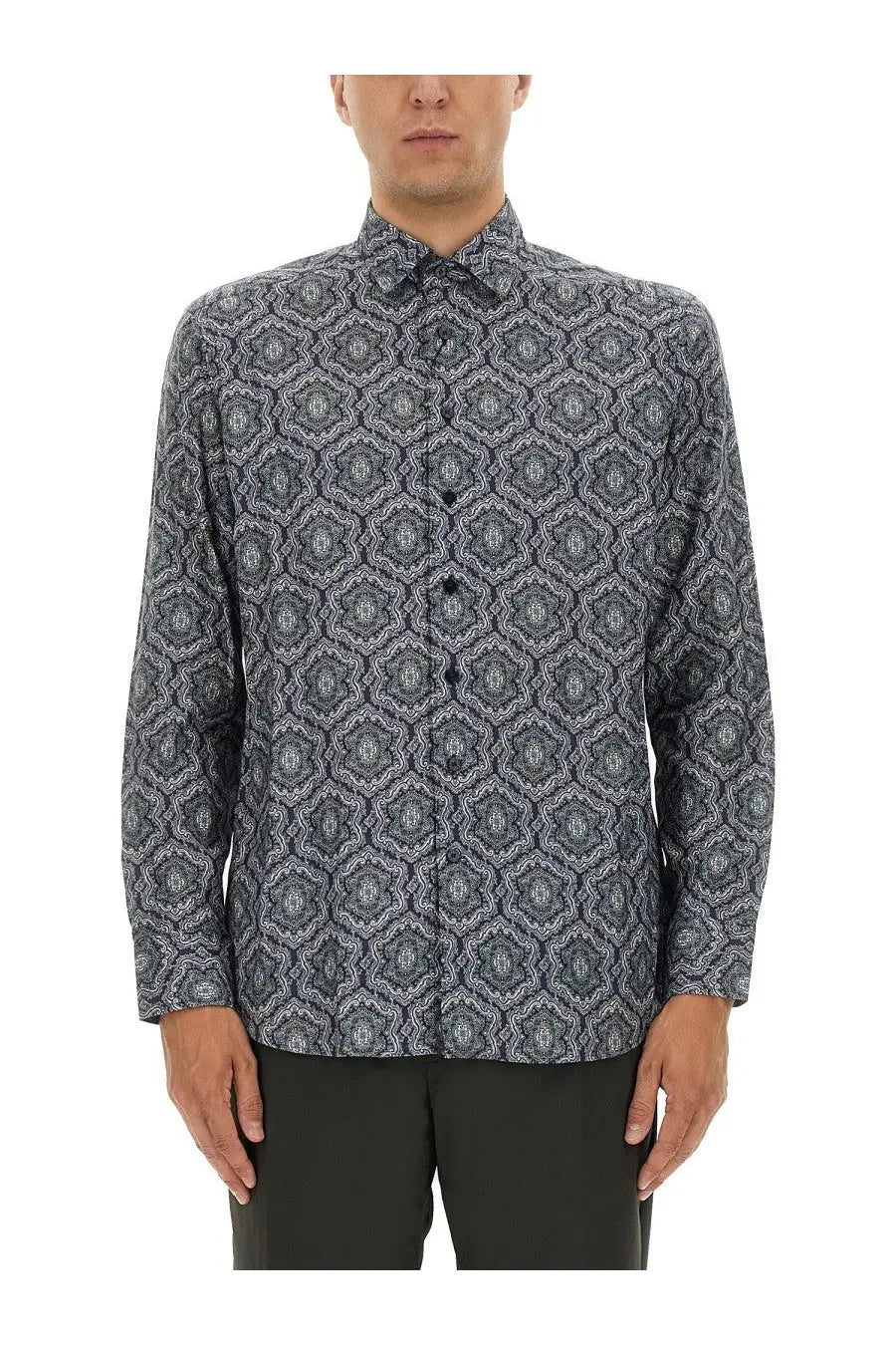 Etro men’s cotton shirt in dark gray with a repeating lighter gray and white geometric pattern