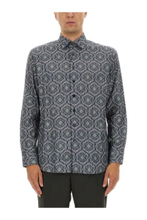 Etro men’s cotton shirt in dark gray with a repeating lighter gray and white geometric pattern