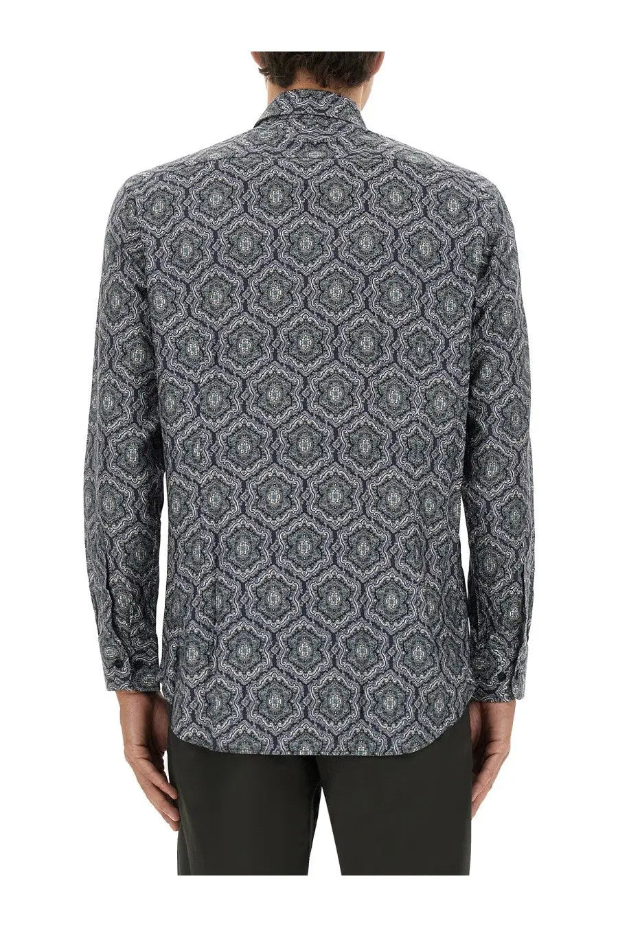 Etro men’s cotton long-sleeved shirt in dark gray and white geometric pattern with button-up front