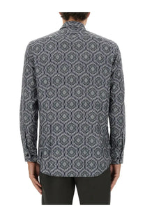 Etro men’s cotton long-sleeved shirt in dark gray and white geometric pattern with button-up front