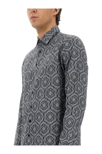 Etro men’s cotton long-sleeved shirt in dark gray and white geometric pattern with intricate ornamental designs