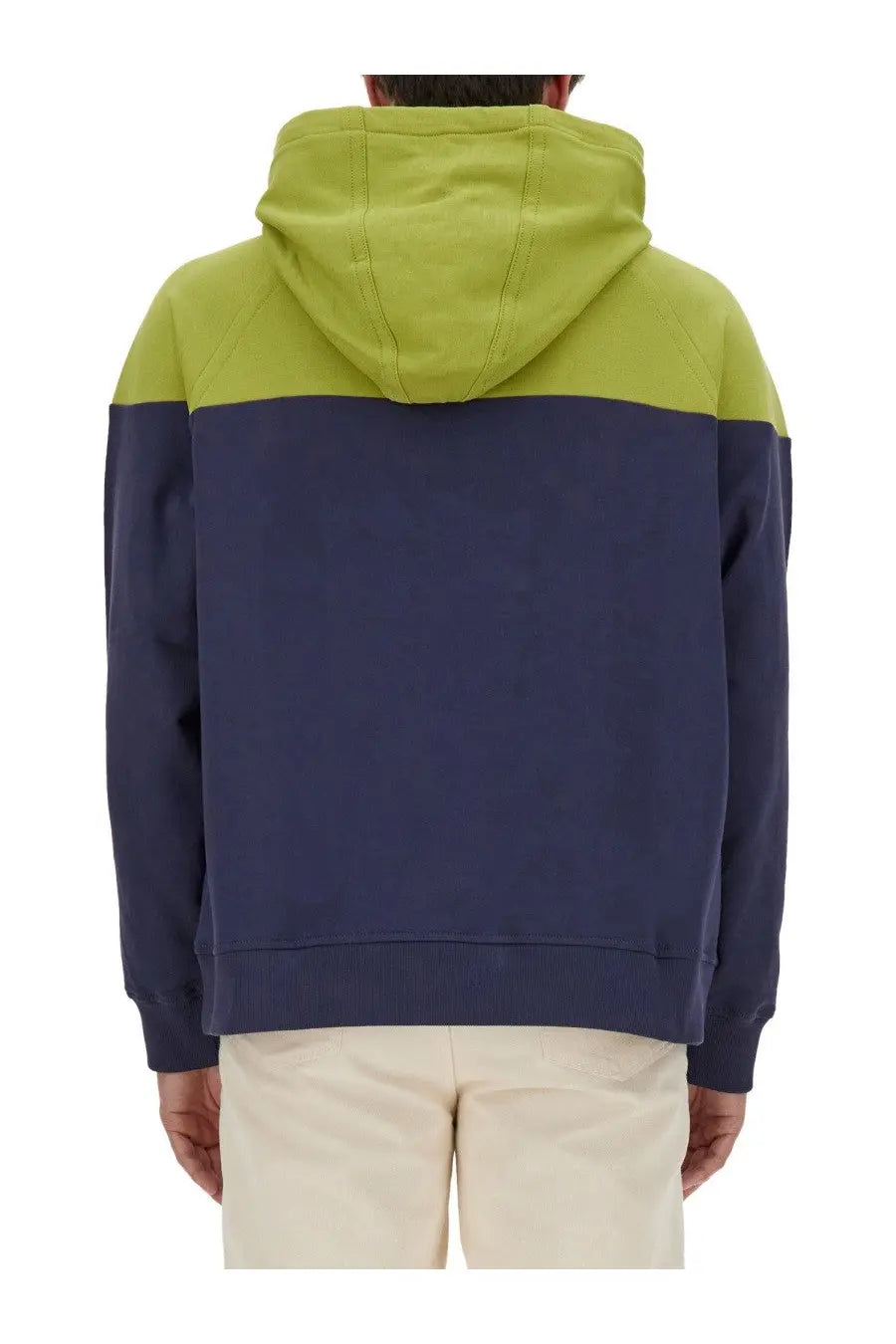 Etro men’s hooded sweatshirt green with a navy blue and lime green color block and soft textured fabric