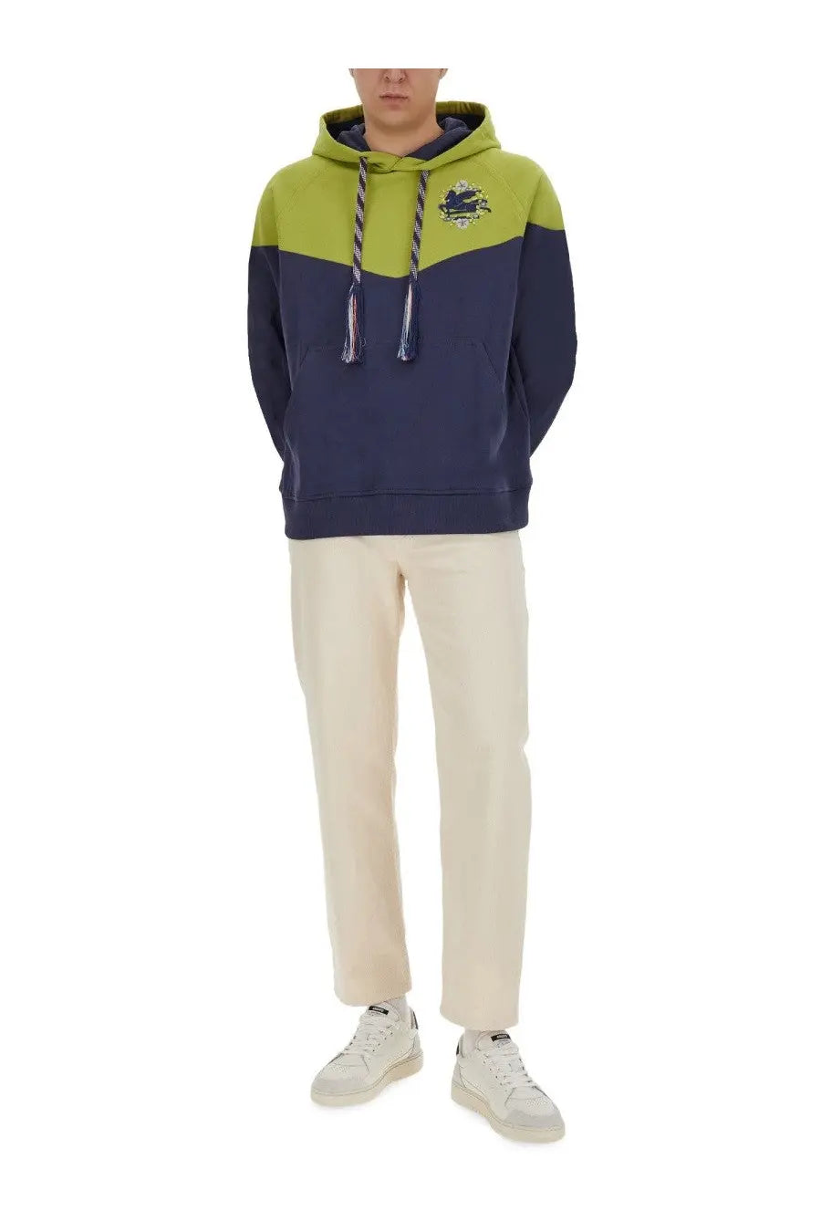 Etro men’s hooded sweatshirt in navy and lime green color block with embroidered chest logo for casual wear