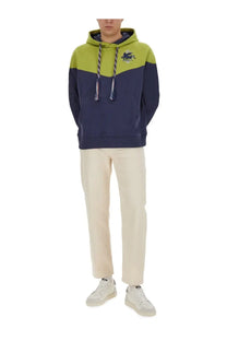 Etro men’s hooded sweatshirt in navy and lime green color block with embroidered chest logo for casual wear