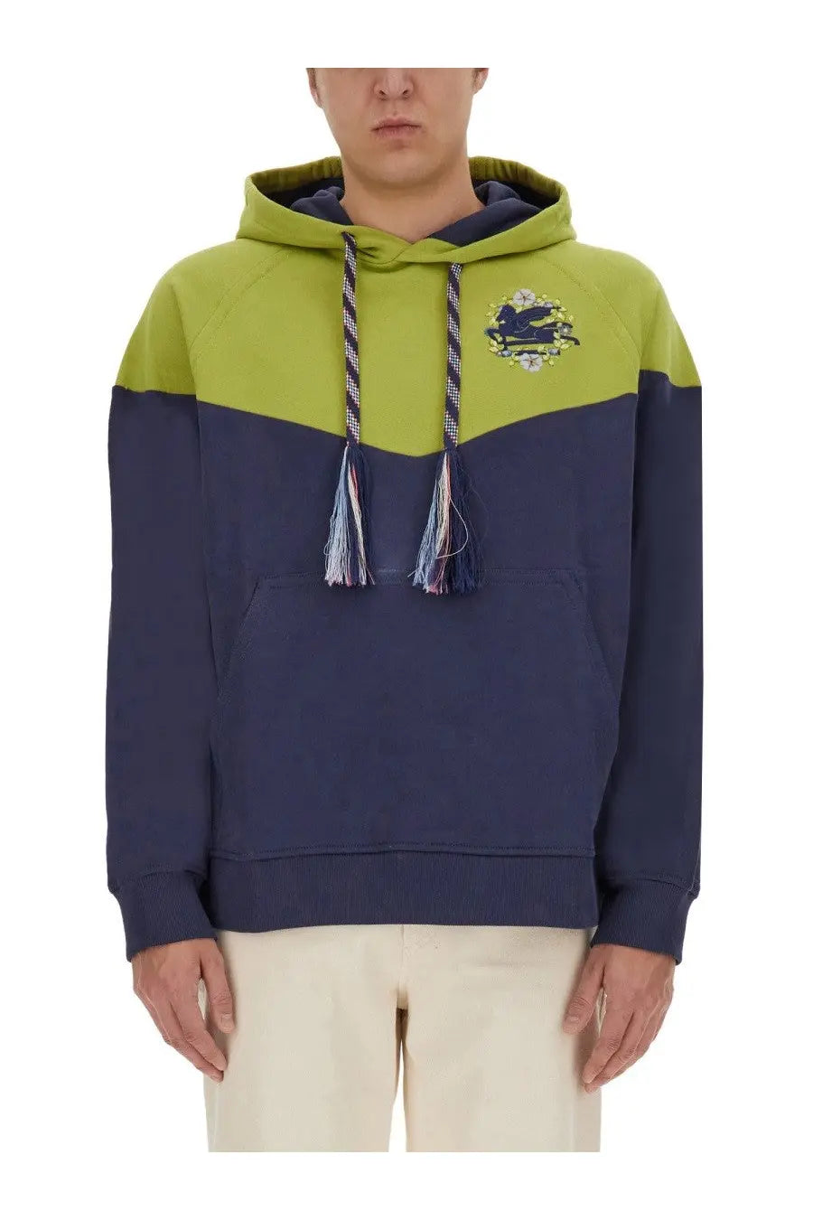 Etro men’s hooded sweatshirt green with two-tone olive green and navy blue fabric braided drawstrings and embroidered crest