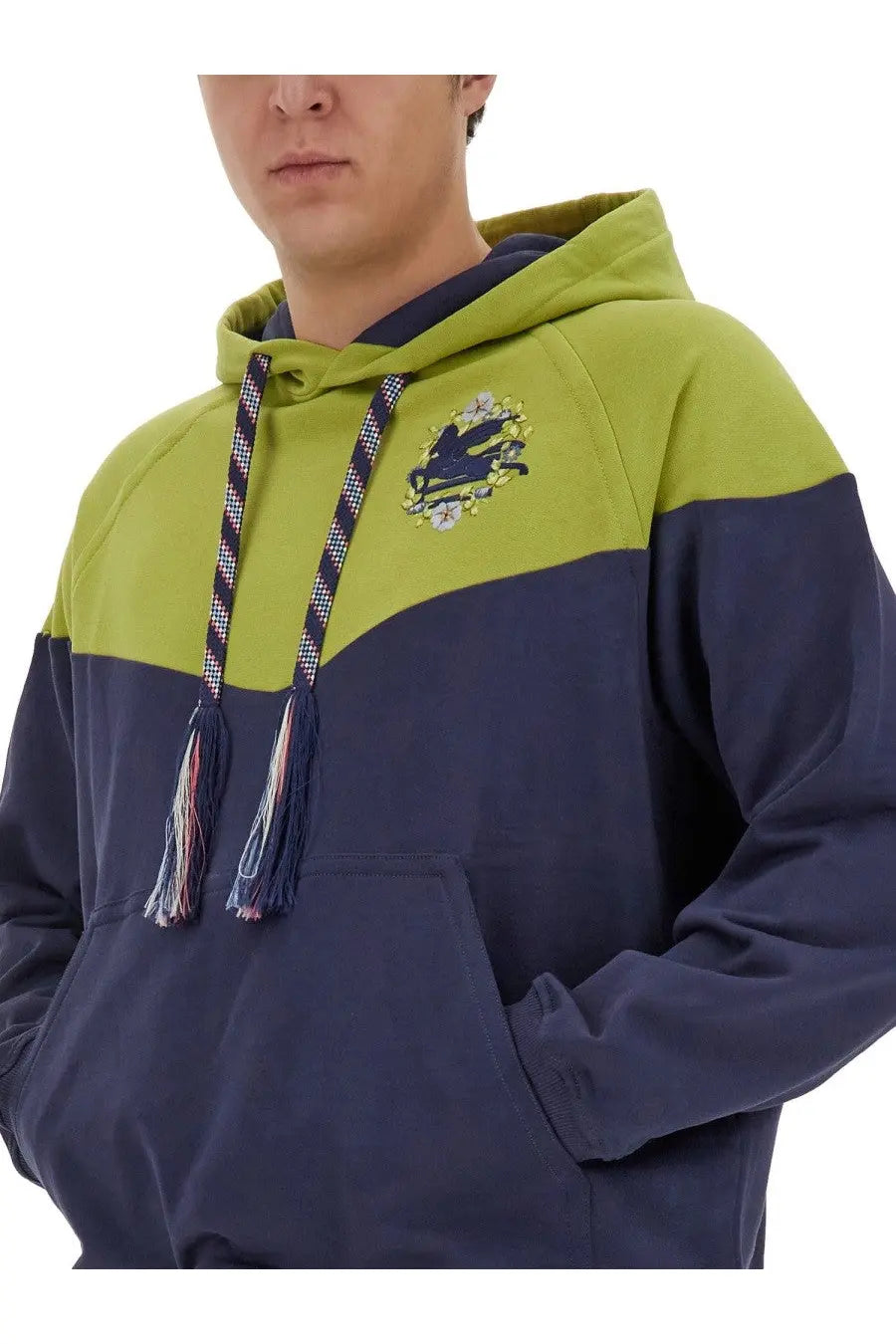 Etro men’s hooded sweatshirt in two-tone olive green and navy blue with embroidered floral logo and striped tassel drawstrings