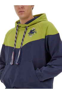 Etro men’s hooded sweatshirt in two-tone olive green and navy blue with embroidered floral logo and striped tassel drawstrings