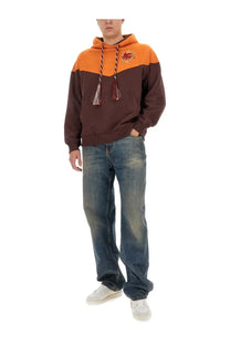 Etro men’s hooded sweatshirt in orange and brown color-block with embroidered heart logo and braided drawstrings