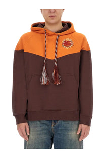 Etro men’s hooded sweatshirt orange with orange and brown color-blocking and embroidered crest on chest with braided tassel drawstrings