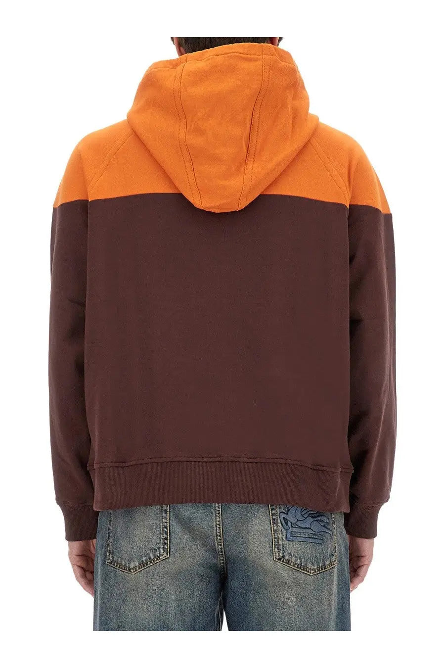 Etro men’s hooded sweatshirt orange with orange and brown color block ribbed hem and cuffs for casual wear