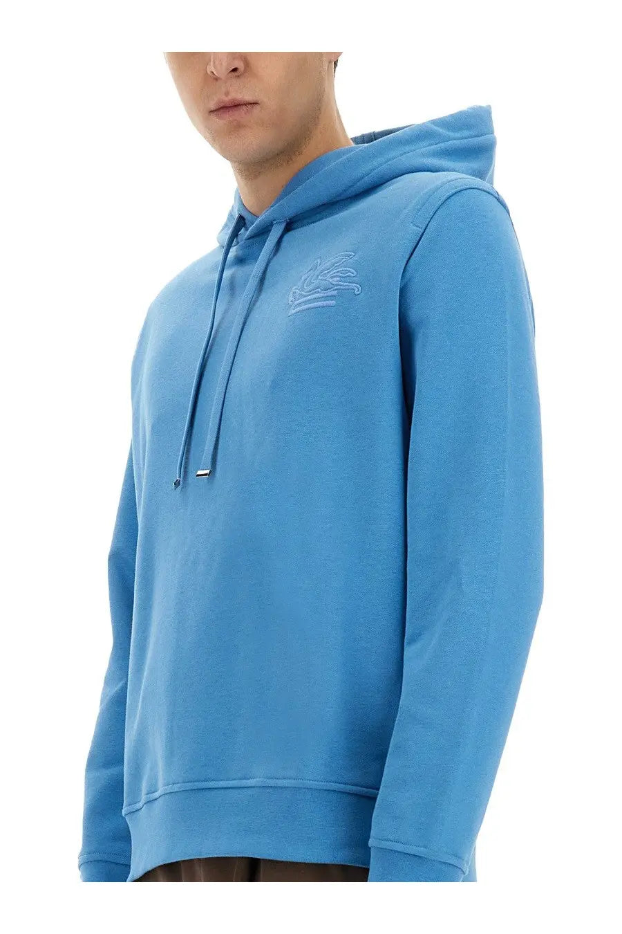 Etro men’s light blue hooded sweatshirt with subtle embroidered logo on chest perfect for casual wear