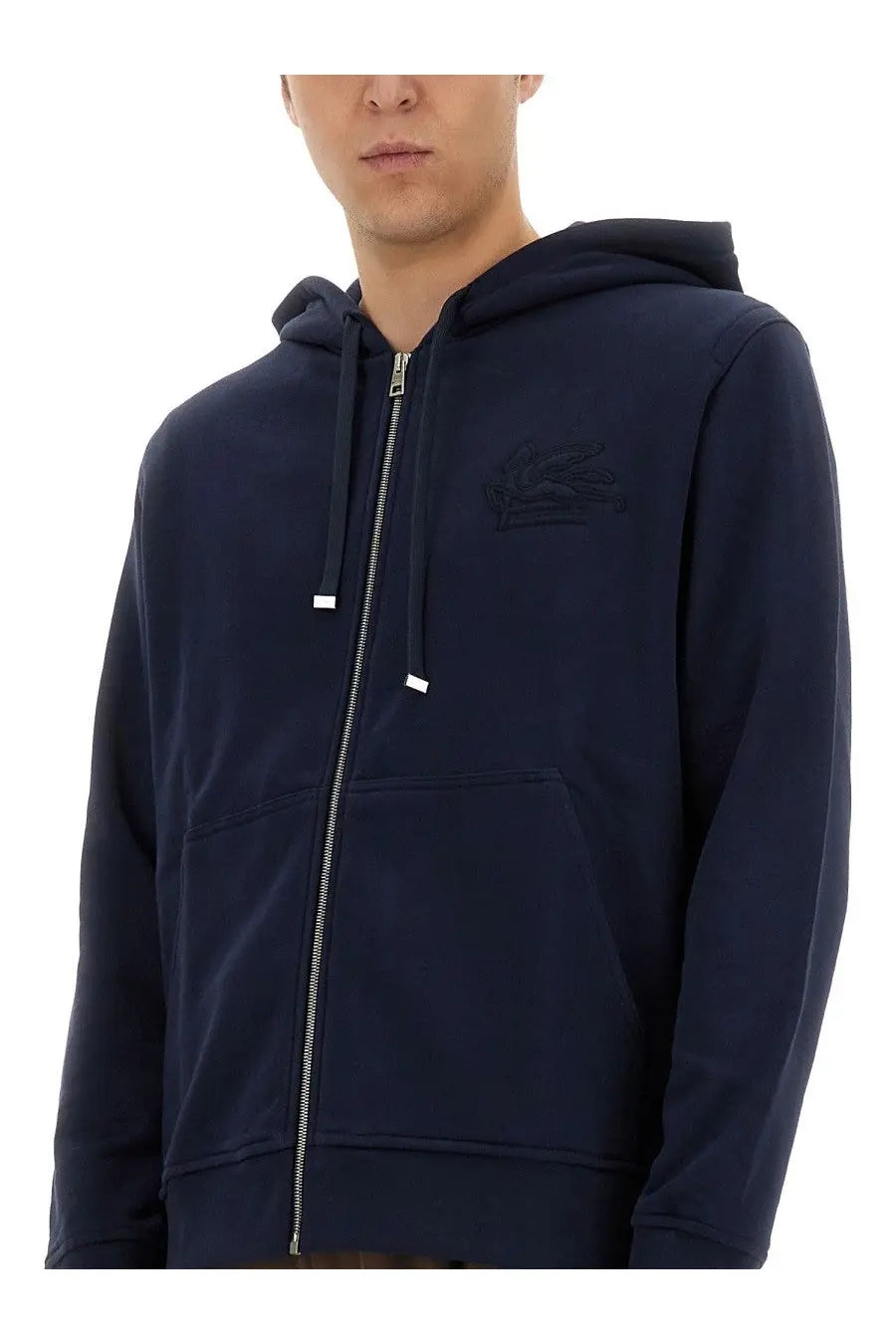 Navy blue ETRO men’s zip-up hoodie with subtle chest embroidery and white zipper pulls for casual wear
