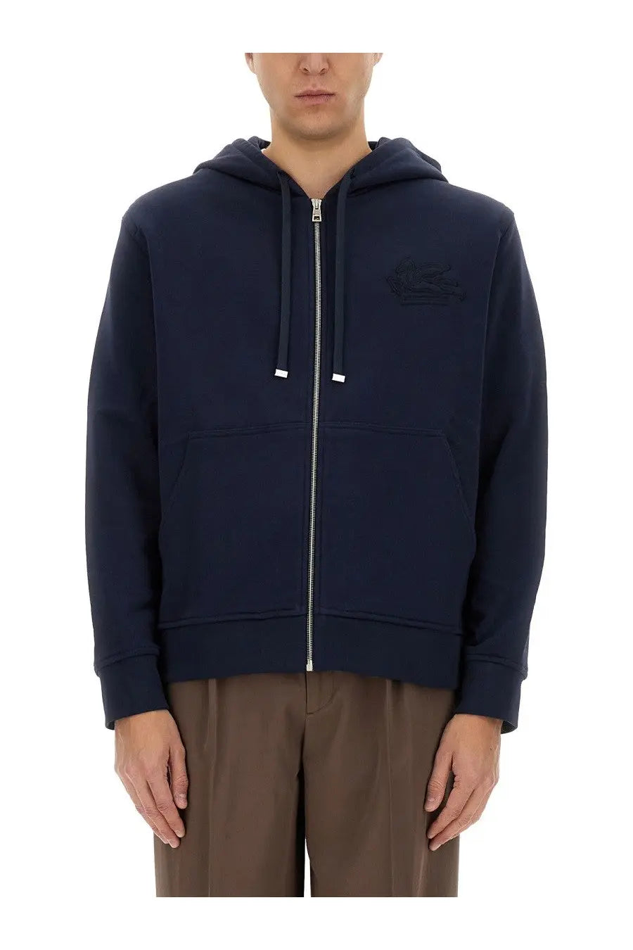 Etro men’s navy blue zip-up hoodie with subtle chest embroidery and silver zipper accents perfect for casual wear