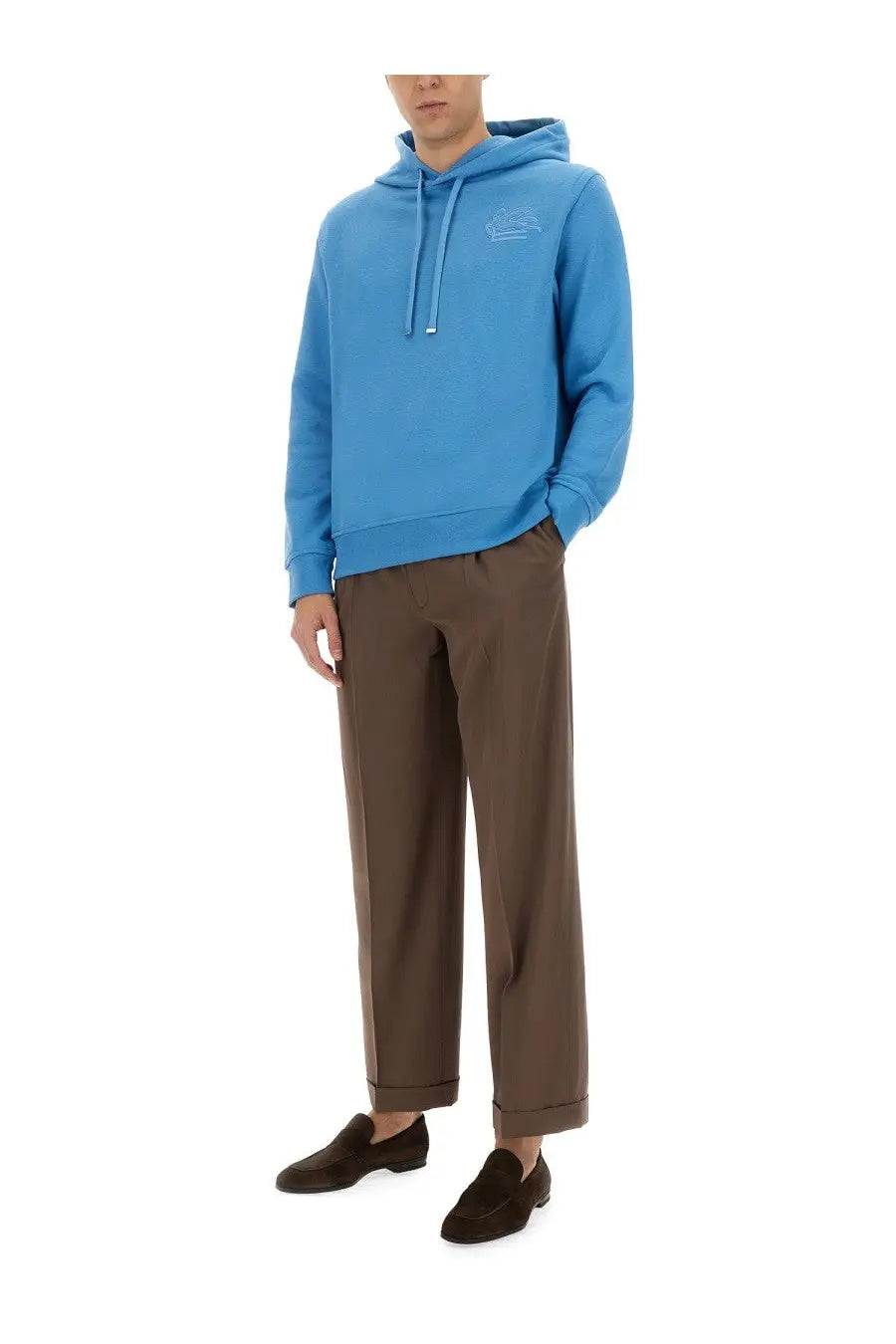 A vibrant blue ETRO men’s hoodie with a hood, subtle embroidered logo on the chest, and matching drawstrings