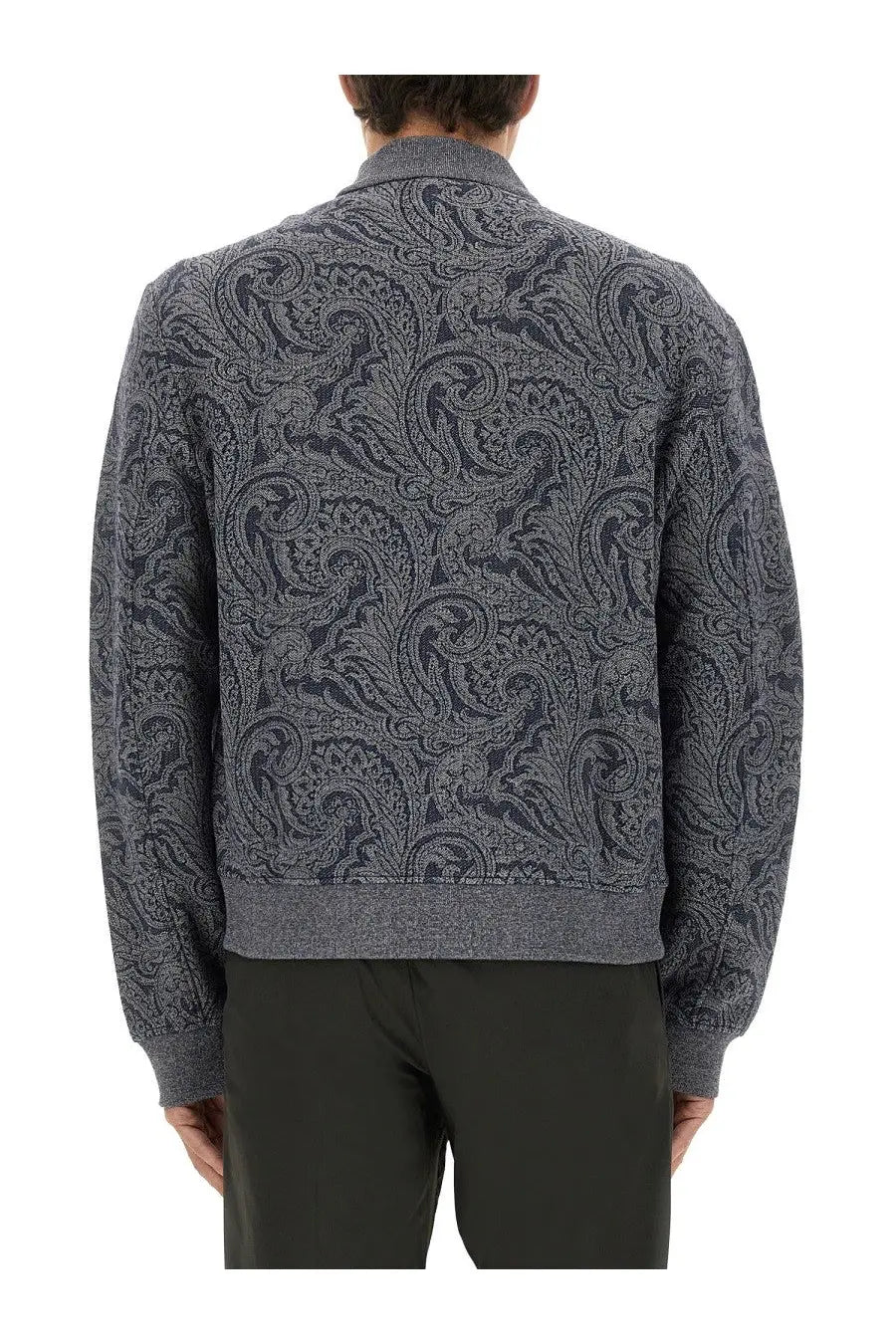 Etro men’s jacquard bomber jacket in dark gray with paisley-patterned textured woven knit design