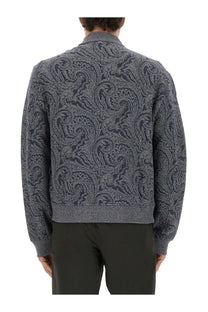 Etro men’s jacquard bomber jacket in dark gray with paisley-patterned textured woven knit design