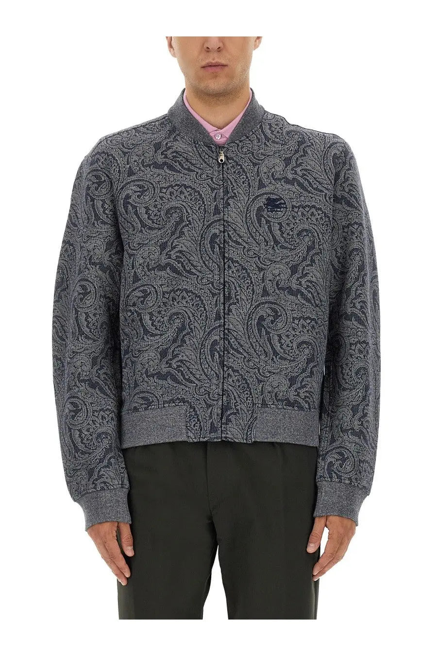 Etro men’s jacquard bomber jacket grey with intricate dark paisley pattern and ribbed cuffs is stylish and detailed