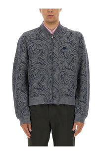 Etro men’s jacquard bomber jacket grey with intricate dark paisley pattern and ribbed cuffs is stylish and detailed