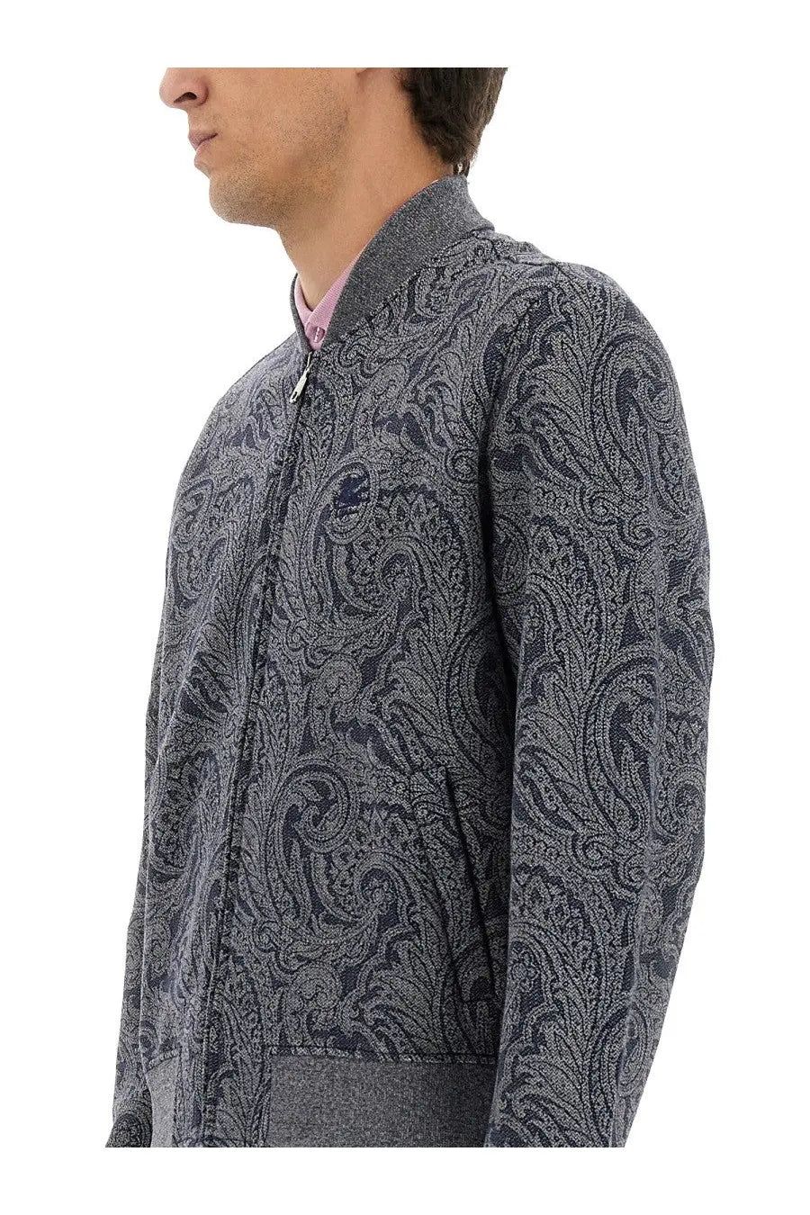 Etro men’s jacquard bomber jacket grey with gray paisley pattern texture and navy blue accents for stylish wear