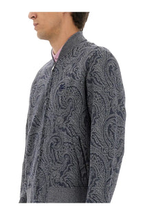Etro men’s jacquard bomber jacket grey with gray paisley pattern texture and navy blue accents for stylish wear